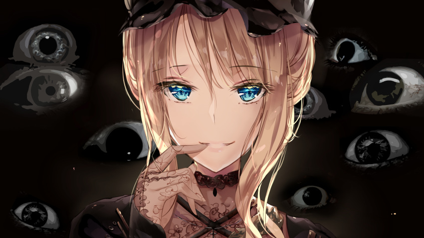 absurdres bangs black_background black_choker black_hat blonde_hair blue_eyes choker eyeball eyebrows_visible_through_hair eyes fallen_heaven finger_to_mouth folded_ponytail gloves hat highres jewelry lace lace_gloves looking_at_viewer mob_cap pendant portrait sidelocks smile solo touhou yakumo_yukari