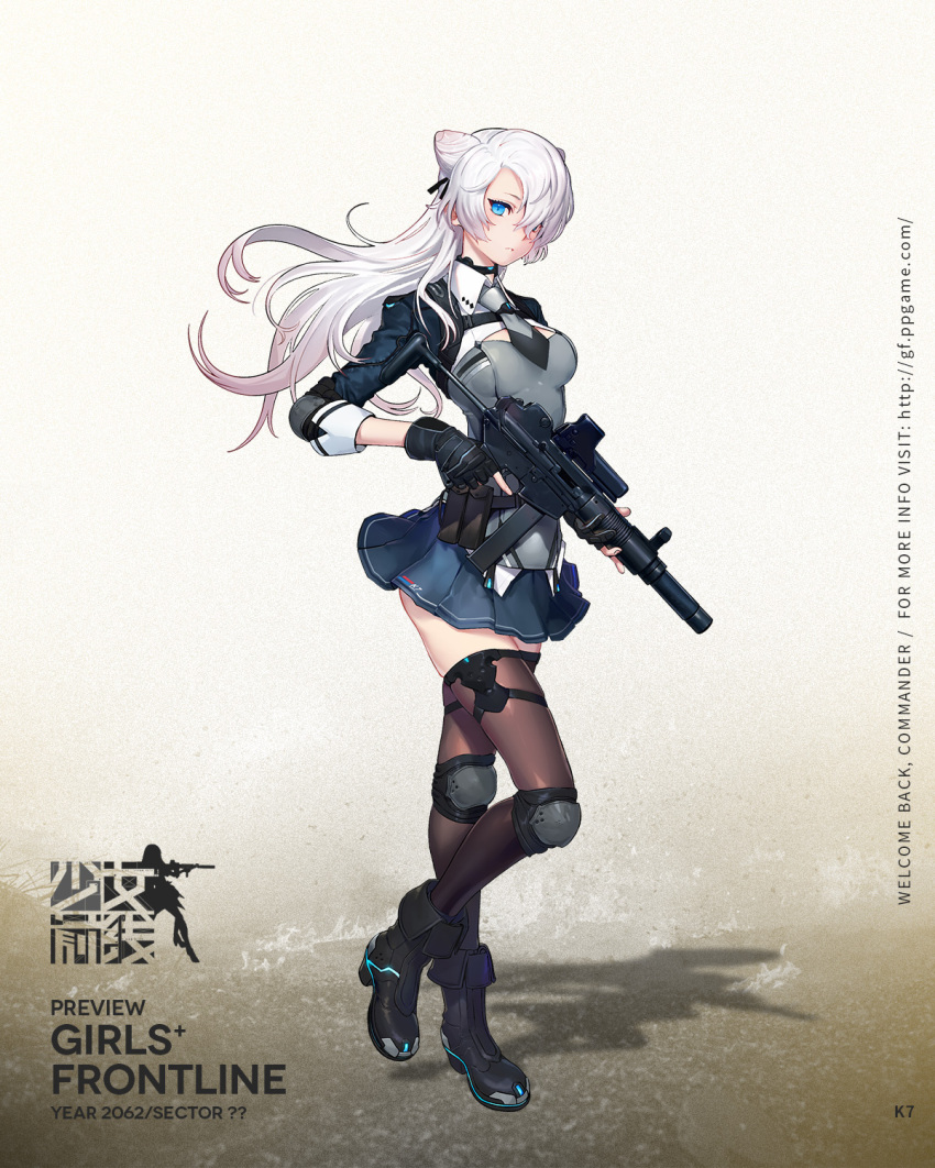 blue_eyes daewoo_k7 daewoo_k7_(girls_frontline) fingerless_gloves girls_frontline gloves gun hair_bun hair_over_one_eye highres knee_pads miniskirt official_art rod_(rod4817) skirt solo standing submachine_gun thighhighs weapon white_hair