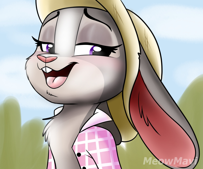 2018 absurd_res anthro blush chest_tuft clothed clothing disney female hat hi_res judy_hopps lagomorph mammal meowmavi open_mouth open_shirt plaid plaid_shirt rabbit solo straw_hat tuft zootopia