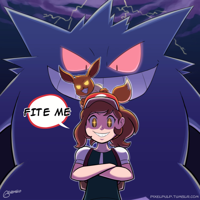 1girl bag baseball_cap brown_eyes brown_hair crossed_arms eevee english female_protagonist_(pokemon_lgpe) gengar glowing hat highres lightning looking_at_viewer pixelpulp pokemon pokemon_(creature) pokemon_(game) pokemon_lgpe ponytail red_sclera size_difference sky smile solo_focus sparkling_eyes speech_bubble teeth text_focus web_address you_gonna_get_raped