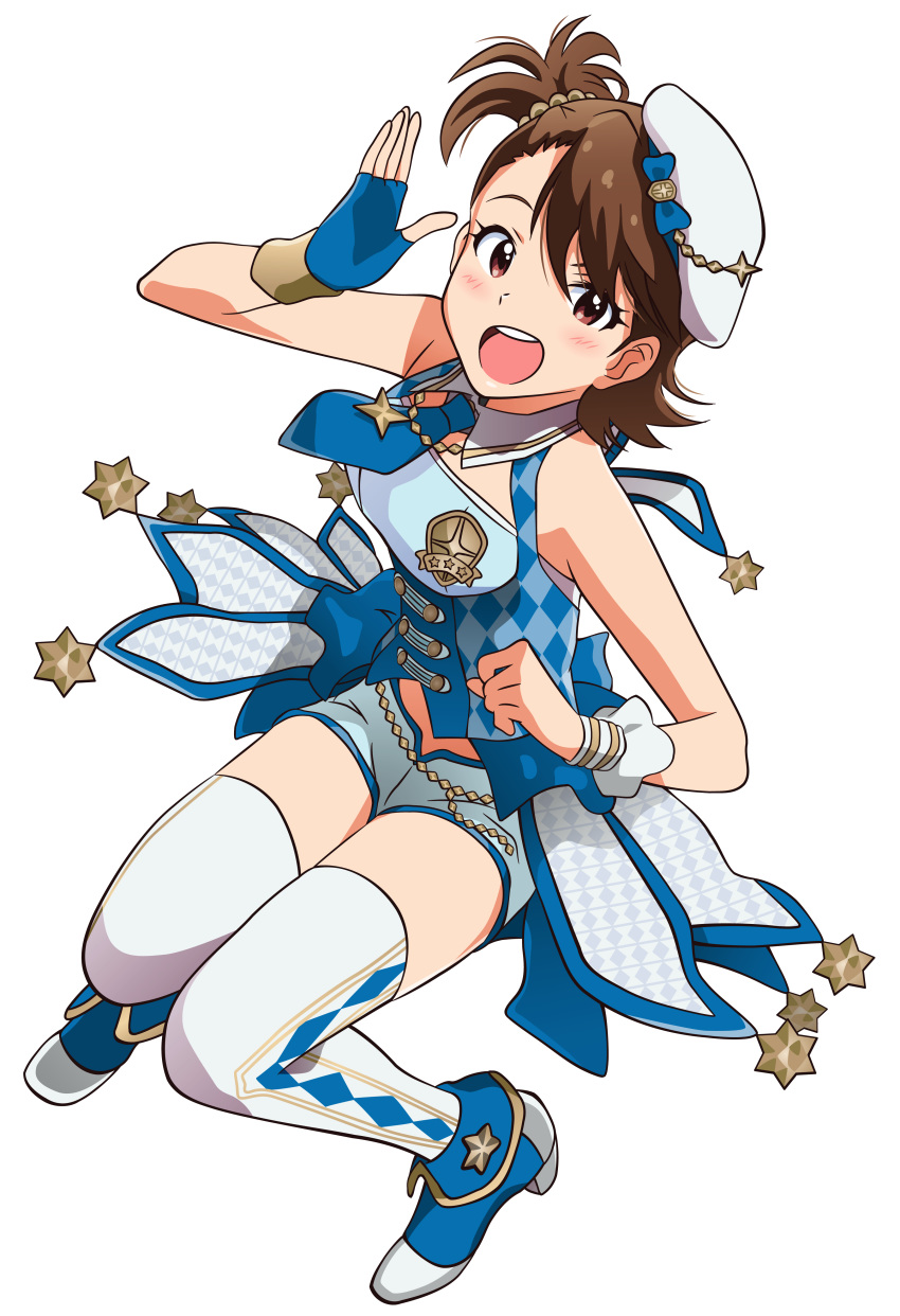 absurdres akizuki_ritchan asymmetrical_gloves blue_bow blue_gloves blue_neckwear blush bow brown_eyes brown_hair fingerless_gloves full_body futami_ami gloves hair_ornament hat hat_bow highres idolmaster idolmaster_(classic) looking_at_viewer midriff necktie one_side_up open_mouth short_hair short_necktie short_shorts shorts solo stomach thighhighs transparent_background twinkle_star_(idolmaster) white_hat white_legwear white_shorts wrist_cuffs