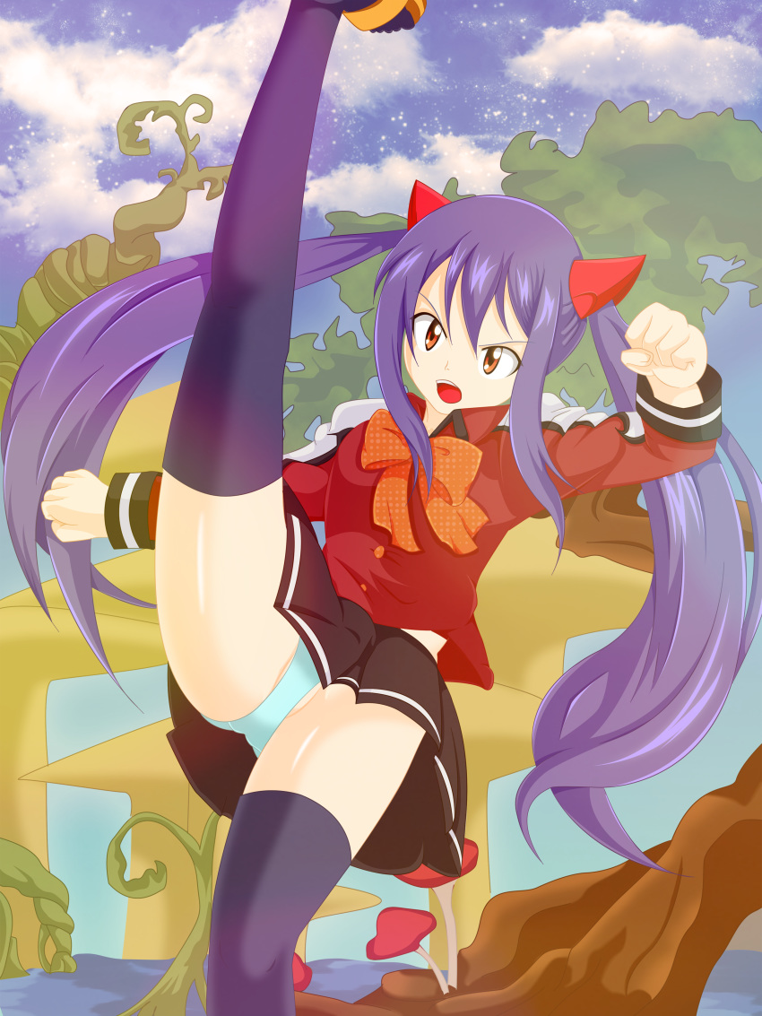 1girl absurdres arms_up black_legwear black_skirt blue_panties blue_sky bow clenched_hands day eyebrows_visible_through_hair fairy_tail female hair_ornament highres kicking leg_up long_hair long_sleeves looking_at_viewer mushroom open_mouth orange_bow orange_eyes orange_footwear outdoors panties partially_visible_vulva planeptune pleated_skirt purple_hair red_shirt sandals shiny shiny_hair shiny_skin shirt shoes skirt sky solo spread_legs standing standing_on_one_leg teeth thighhighs tied_hair twintails underwear upskirt wendy_marvell