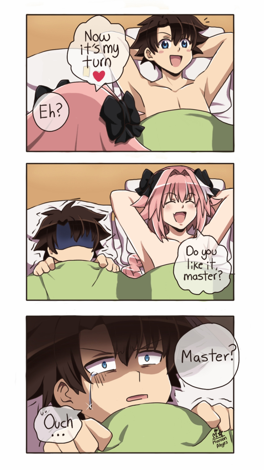 3koma after_sex artist_name astolfo_(fate) black_bow black_hair black_ribbon blush bow braid comic commentary covering_face fang fate/apocrypha fate/grand_order fate_(series) fujimaru_ritsuka_(male) hair_intakes hair_ribbon highres long_braid long_hair maroonabyss multicolored_hair multiple_boys open_mouth otoko_no_ko pink_hair ribbon ruined_for_marriage short_hair single_braid single_tear speech_bubble streaked_hair yaoi