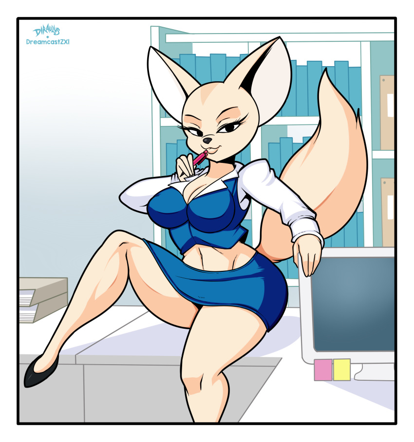 aggressive_retsuko big_breasts breasts canine cleavage clothed clothing diraulus dreamcastzx1 female fennec fenneko fox mammal midriff office skirt solo uniform