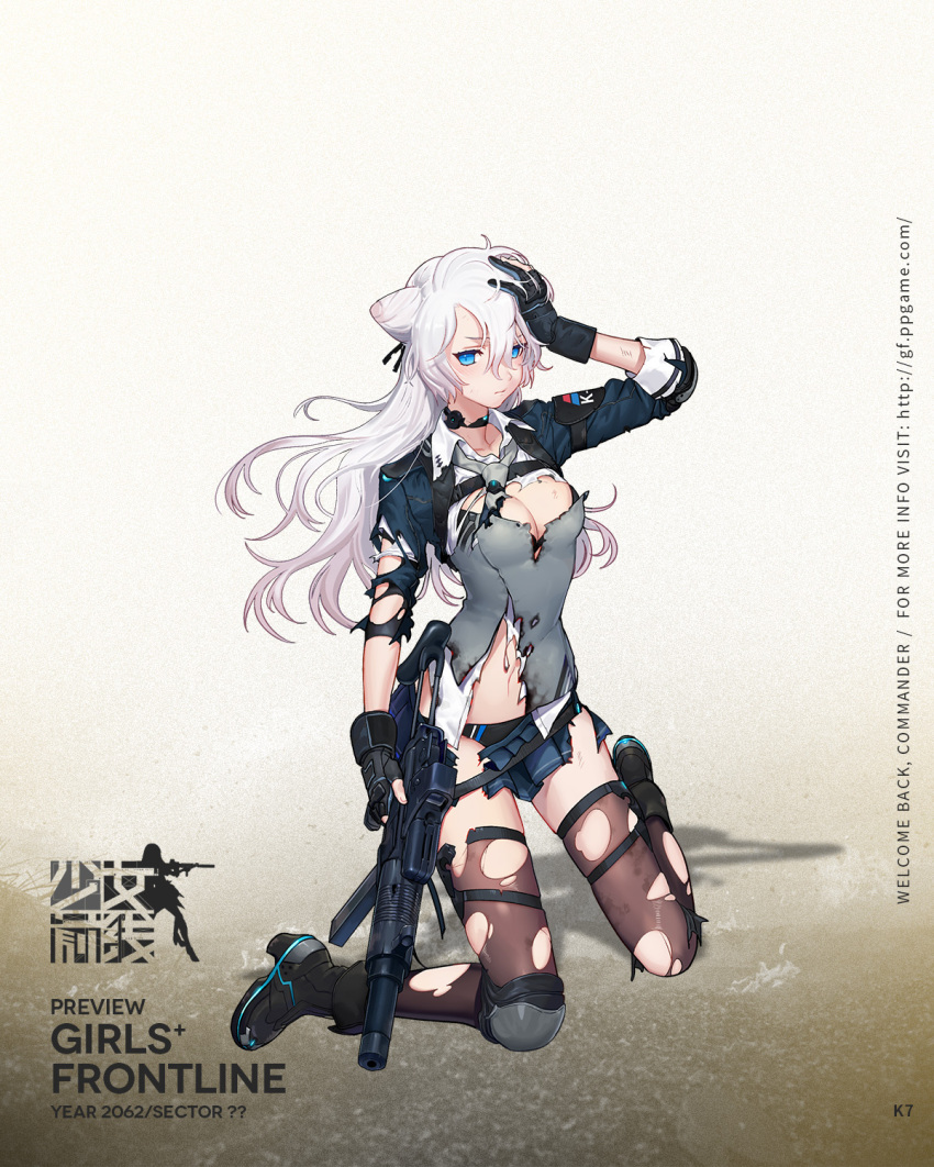 blue_eyes breasts cleavage daewoo_k7 daewoo_k7_(girls_frontline) fingerless_gloves girls_frontline gloves gun hair_bun highres knee_pads kneeling miniskirt navel official_art rod_(rod4817) skirt solo submachine_gun thighhighs torn_clothes torn_legwear torn_skirt weapon white_hair