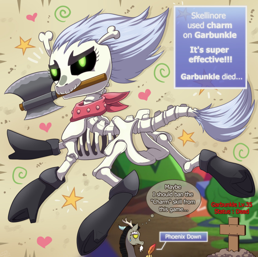 &lt;3 2018 animated_skeleton axe bone discord_(mlp) draconequus english_text feathers female friendship_is_magic grave green_eyes male melee_weapon my_little_pony phoenix_down skeleton skellinore_(mlp) text undead vavacung weapon