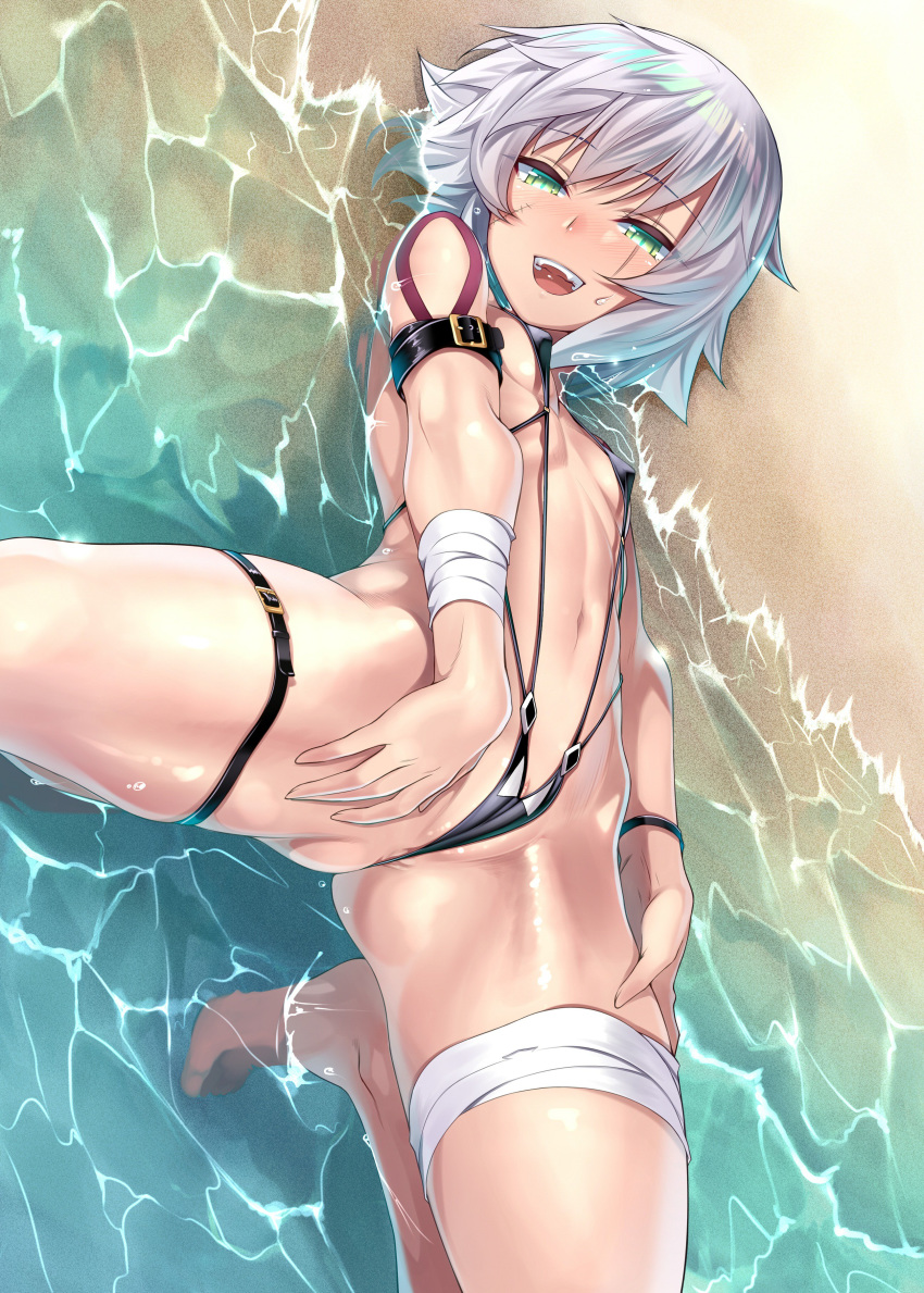 absurdres anus_peek ass bandaged_arm bandages beach black_swimsuit blush breasts cameltoe clitoris commentary covered_nipples eyebrows_visible_through_hair facial_scar fate/apocrypha fate_(series) green_eyes highres jack_the_ripper_(fate/apocrypha) looking_at_viewer navel orochi_itto outdoors partially_visible_vulva pussy_peek scar scar_across_eye scar_on_cheek shiny shiny_hair shiny_skin short_hair shoulder_tattoo silver_hair slingshot_swimsuit small_breasts smile solo spread_legs swimsuit tattoo teeth thigh_strap water wet