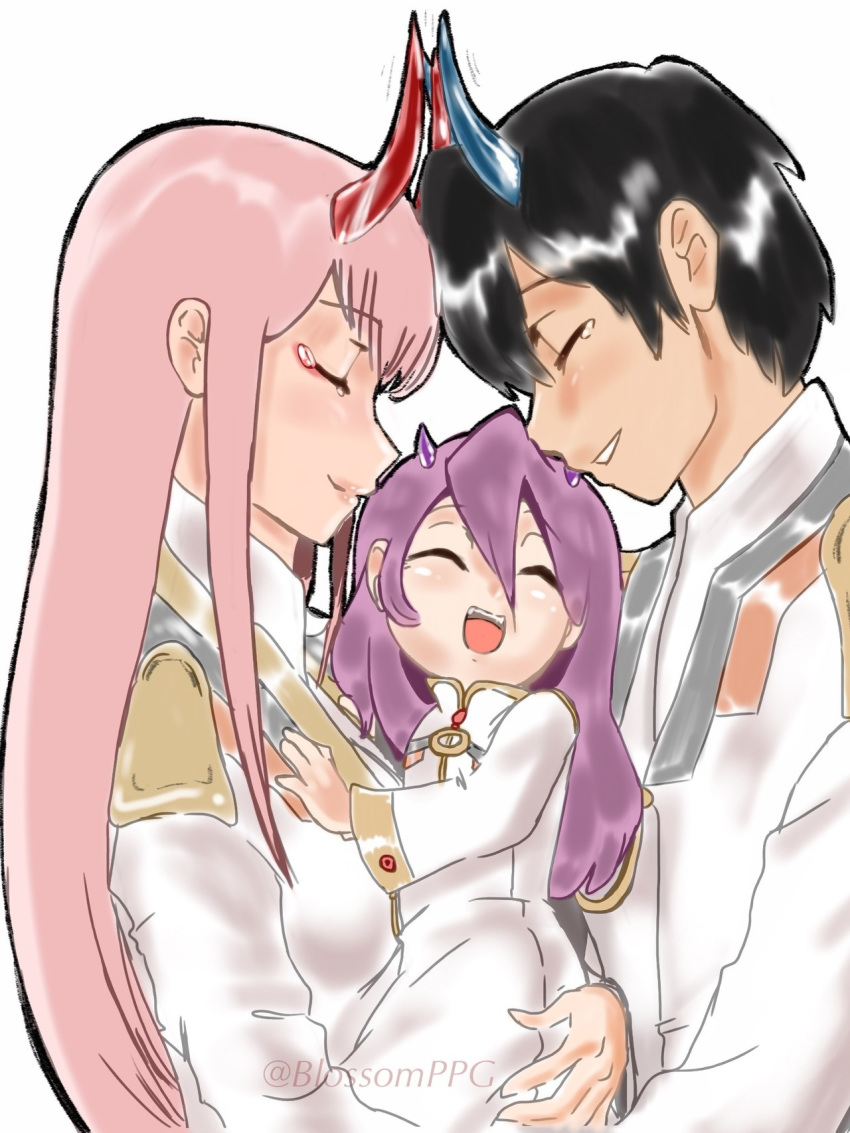 1boy 2girls bangs black_hair blossomppg blue_horns carrying couple darling_in_the_franxx eyebrows_visible_through_hair eyes_closed fringe hetero hiro_(darling_in_the_franxx) horns long_hair military military_uniform multiple_girls oni_horns pink_hair purple_hair red_horns short_hair tears uniform zero_two_(darling_in_the_franxx)