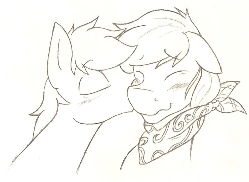 ambiguous_gender bandanna blush denzeltip duo earth_pony equine eyes_closed feral horse kissing mammal monochrome my_little_pony pony smile