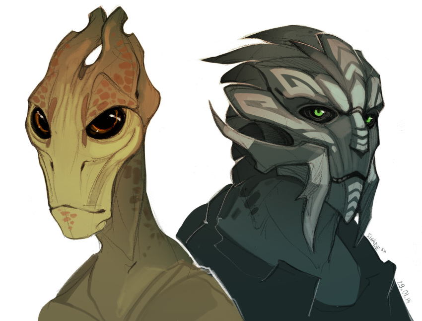 2014 alien close-up duo green_eyes male mass_effect not_furry salarian shade-shypervert simple_background spots turian video_games white_background