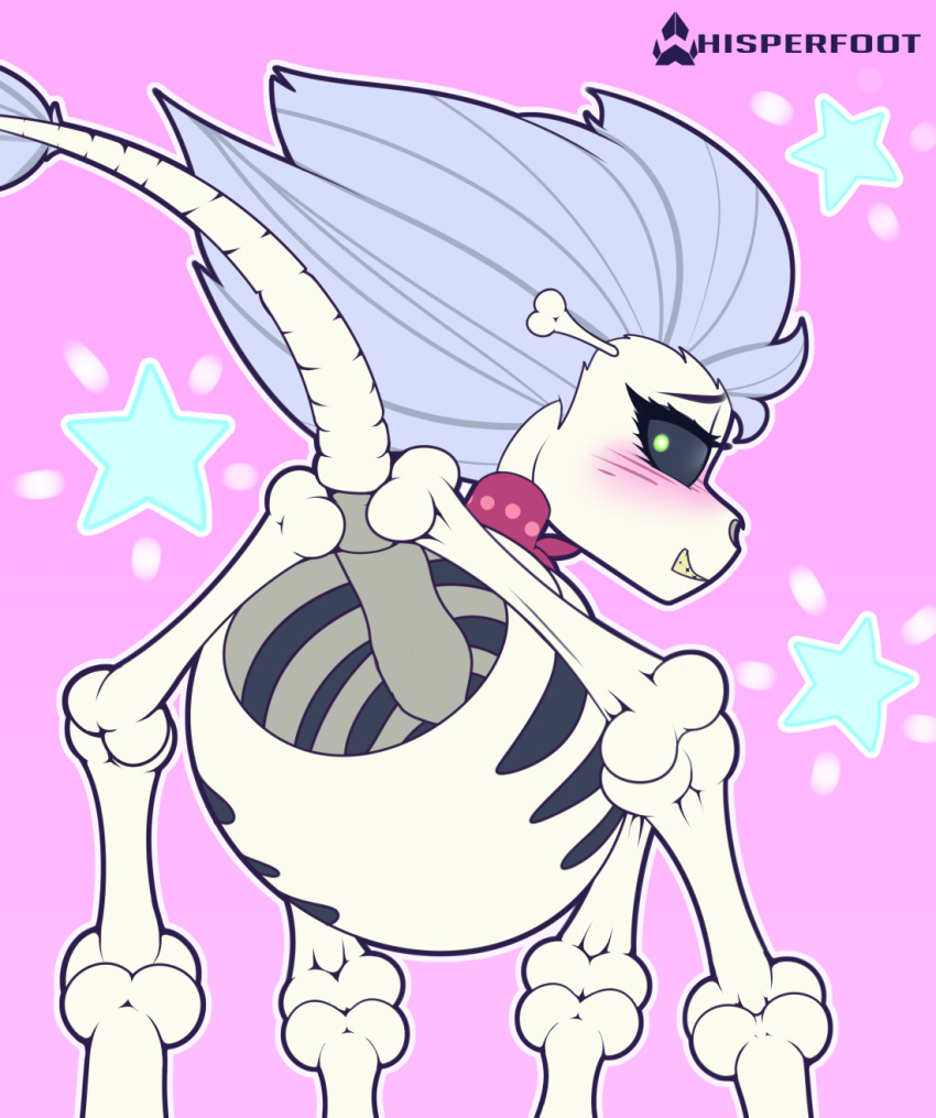 2018 animated_skeleton blush bone female friendship_is_magic hair hi_res looking_at_viewer my_little_pony pink_background rear_view simple_background skeleton skellinore_(mlp) solo undead whisperfoot