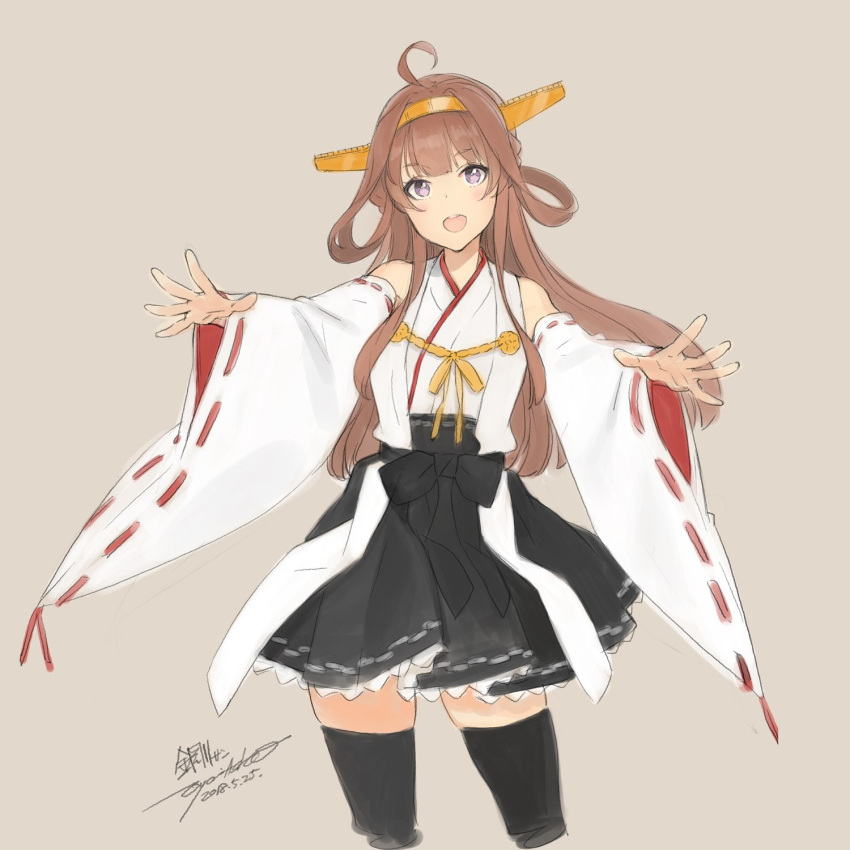 ahoge black_legwear black_skirt boots brown_hair character_name commentary_request contrapposto cowboy_shot detached_sleeves double_bun hairband headgear highres kantai_collection kongou_(kantai_collection) long_hair looking_at_viewer nontraditional_miko ooyari_ashito open_mouth outstretched_arms pink_background pleated_skirt purple_eyes ribbon-trimmed_sleeves ribbon_trim signature simple_background skirt smile solo standing thigh_boots thighhighs zettai_ryouiki