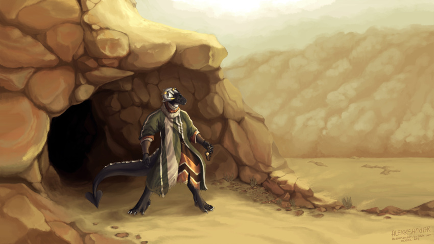 alekksandar black_scales cave clothing conditional_dnp curled_horn desert detailed_background digitigrade dragon eyewear fin goggles green_eyes jewelry linna_auriandi_(character) open_mouth plant robe rock sandstorm scales scalie scarf solo spade_tail western_dragon white_scales