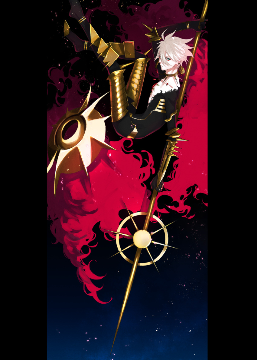 black_bodysuit blue_eyes bodysuit cape closed_mouth collar earrings expressionless eyeshadow fate/apocrypha fate/grand_order fate_(series) full_body highres holding holding_spear holding_weapon jewelry karna_(fate) looking_at_viewer makeup male_focus messy_hair pillarboxed pixiv_fate/grand_order_contest_2 polearm red_cape rubill solo spear spiked_collar spikes weapon white_hair