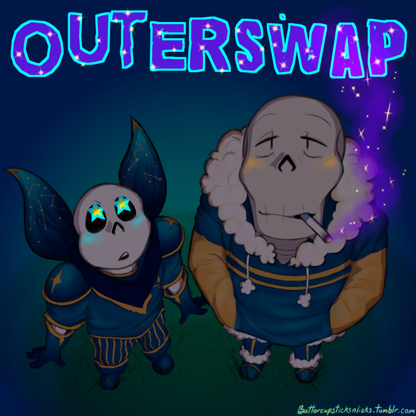 alternate_universe animated_skeleton blush bone cigarette clothing duo english_text hi_res humanoid male not_furry outerswap outertale papyrus_(undertale) sans_(undertale) skeleton smoking star_eyes text undead undertale unknown_artist video_games