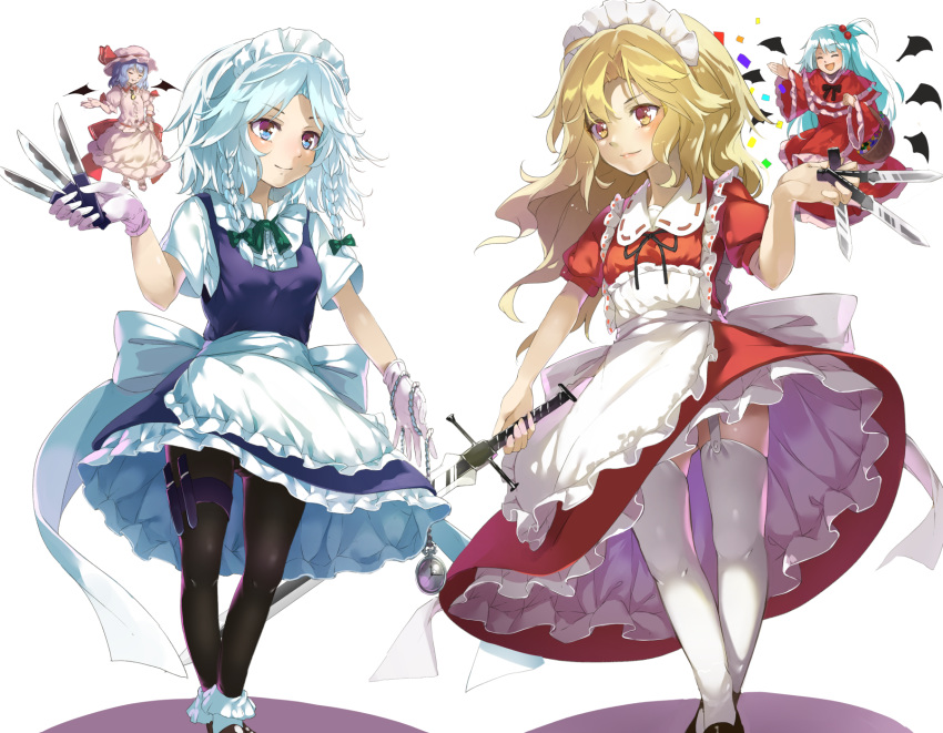 ahoge ankle_boots apron arm_up basket bat_wings between_fingers black_legwear blonde_hair blue_eyes blue_hair blue_skirt blue_vest bobby_socks boots braid breasts brooch chain closed_eyes closed_mouth commentary_request confetti cravat crossed_legs demon_wings dress eye_contact fang feet_out_of_frame garter_straps gloves hair_bobbles hair_ornament hair_ribbon hand_on_hip hat hat_ribbon highres holding holding_chain holding_knife holding_sword holding_weapon izayoi_sakuya jewelry knife knife_holster long_hair long_sleeves looking_at_another maid_headdress mob_cap multiple_girls panties pantyhose pantyshot pantyshot_(standing) petticoat pink_shirt pink_skirt piyodesu pocket_watch puffy_short_sleeves puffy_sleeves red_dress red_neckwear remilia_scarlet ribbon shadow shinki shirt short_hair short_sleeves simple_background skirt small_breasts smile socks standing sword thighhighs touhou touhou_(pc-98) tress_ribbon twin_braids underwear vest waist_apron watch weapon white_background white_gloves white_legwear white_panties white_shirt wings yellow_eyes yumeko