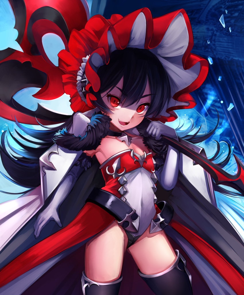absurdres axe bare_shoulders black_hair black_legwear bonnet cape commentary_request dress elbow_gloves gloves highres ilya_ornstein leotard long_hair pauldrons princess_connect! princess_connect!_re:dive red_eyes showgirl_skirt smile solo strapless strapless_dress tahnya thighhighs weapon white_cape white_gloves white_leotard