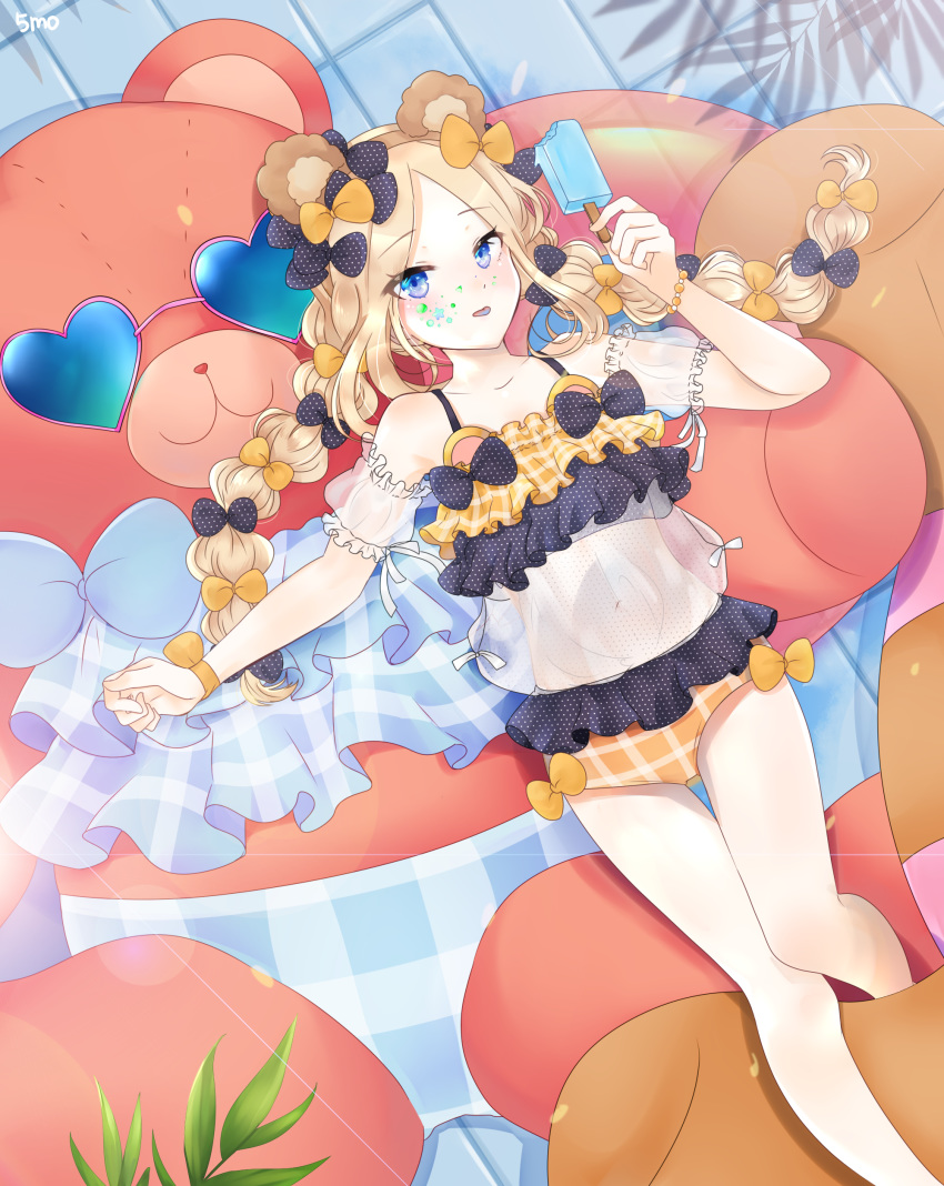 5mo abigail_williams_(fate/grand_order) absurdres animal_ears artist_name bangs bare_legs bare_shoulders bear_ears bikini black_bikini black_bow blonde_hair blue-tinted_eyewear blue_bow blue_eyes bow bracelet collarbone commentary_request detached_sleeves facial_mark fake_animal_ears fate/grand_order fate_(series) food hair_bow heart heart-shaped_eyewear highres holding holding_food jewelry long_hair looking_at_viewer low_twintails lying multicolored multicolored_bikini multicolored_clothes navel on_back orange_bikini orange_bow parted_bangs pink-framed_eyewear plaid plaid_bikini polka_dot polka_dot_bikini polka_dot_bow popsicle puffy_short_sleeves puffy_sleeves see-through short_sleeves solo star stuffed_animal stuffed_toy sunglasses swimsuit teddy_bear tile_wall tiles tinted_eyewear tongue tongue_out twintails very_long_hair