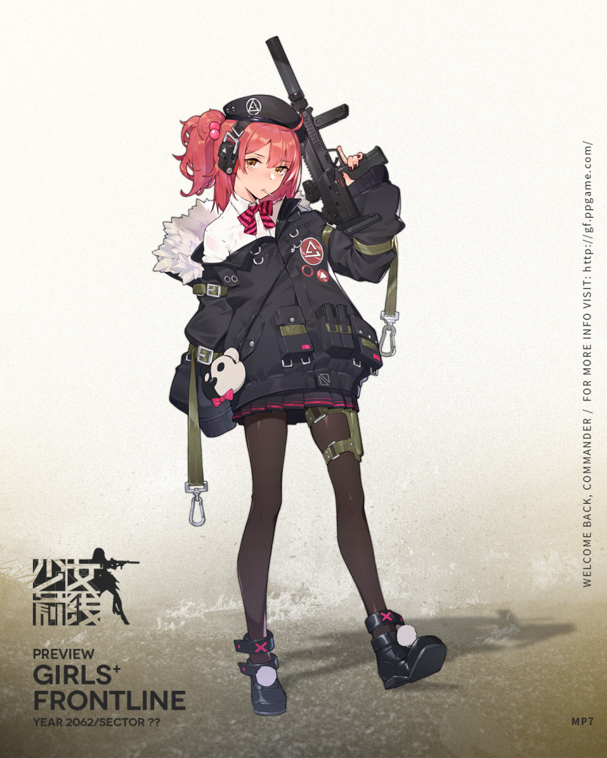 belt beret candy english food food_in_mouth girls_frontline gun h&amp;k_mp7 hat heckler_&amp;_koch highres holster hood hooded_jacket jacket lollipop mp7_(girls_frontline) official_art pantyhose pouch rainli red_hair shoes solo submachine_gun weapon white_background
