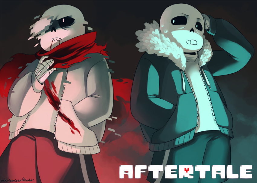 2016 aftertale animated_skeleton blood bone clothing geno_sans_(aftertale) hoodie loverofpiggies not_furry rock-bomber sans_(undertale) scarf skeleton sweat teeth text undead undertale video_games wounded