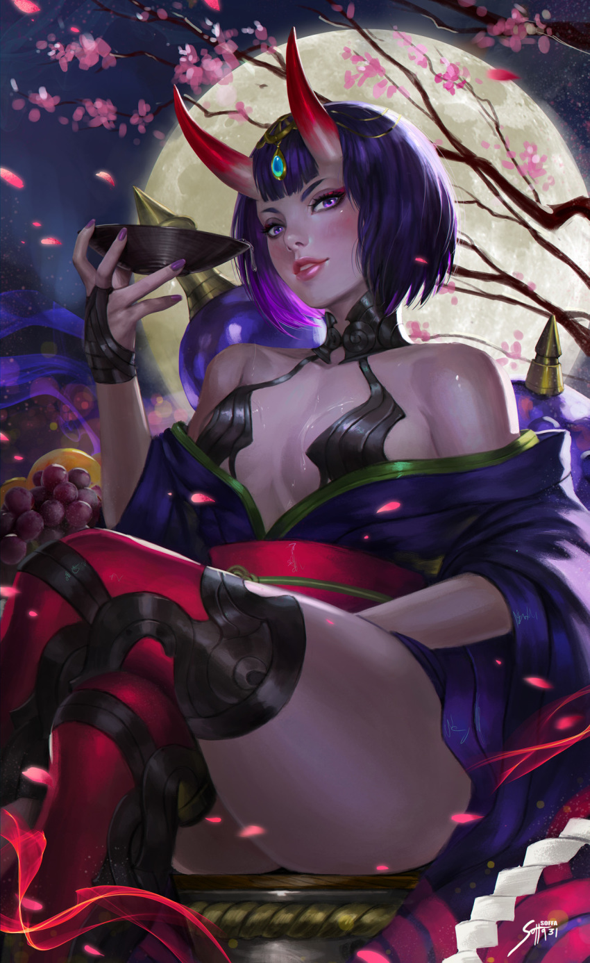 alcohol ankle_ribbon artist_name bangs bare_shoulders blush bob_cut breasts cherry_blossoms crossed_legs cup eyeshadow fangs fate/grand_order fate_(series) fingernails food from_below fruit full_moon gourd grapes headdress headpiece highres holding horns japanese_clothes kimono looking_at_viewer makeup moon night off_shoulder oni oni_horns open_clothes open_kimono outdoors parted_lips purple_eyes purple_hair purple_kimono realistic revealing_clothes ribbon sakazuki sake short_eyebrows short_hair shuten_douji_(fate/grand_order) sitting small_breasts soffa solo