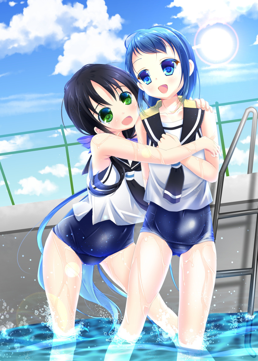 absurdres black_hair blue_eyes blue_hair blue_swimsuit chain-link_fence chisamikan cloud cloudy_sky day fence gradient_hair green_eyes highres kantai_collection long_hair looking_at_viewer low_twintails md5_mismatch multicolored_hair multiple_girls neckerchief one-piece_swimsuit outdoors pool pool_ladder poolside ribbon sailor_collar samidare_(kantai_collection) school_swimsuit school_uniform serafuku shiny shiny_clothes shirt sky sleeveless sleeveless_shirt sun suzukaze_(kantai_collection) swimsuit swimsuit_under_clothes twintails very_long_hair wading water wet wet_clothes