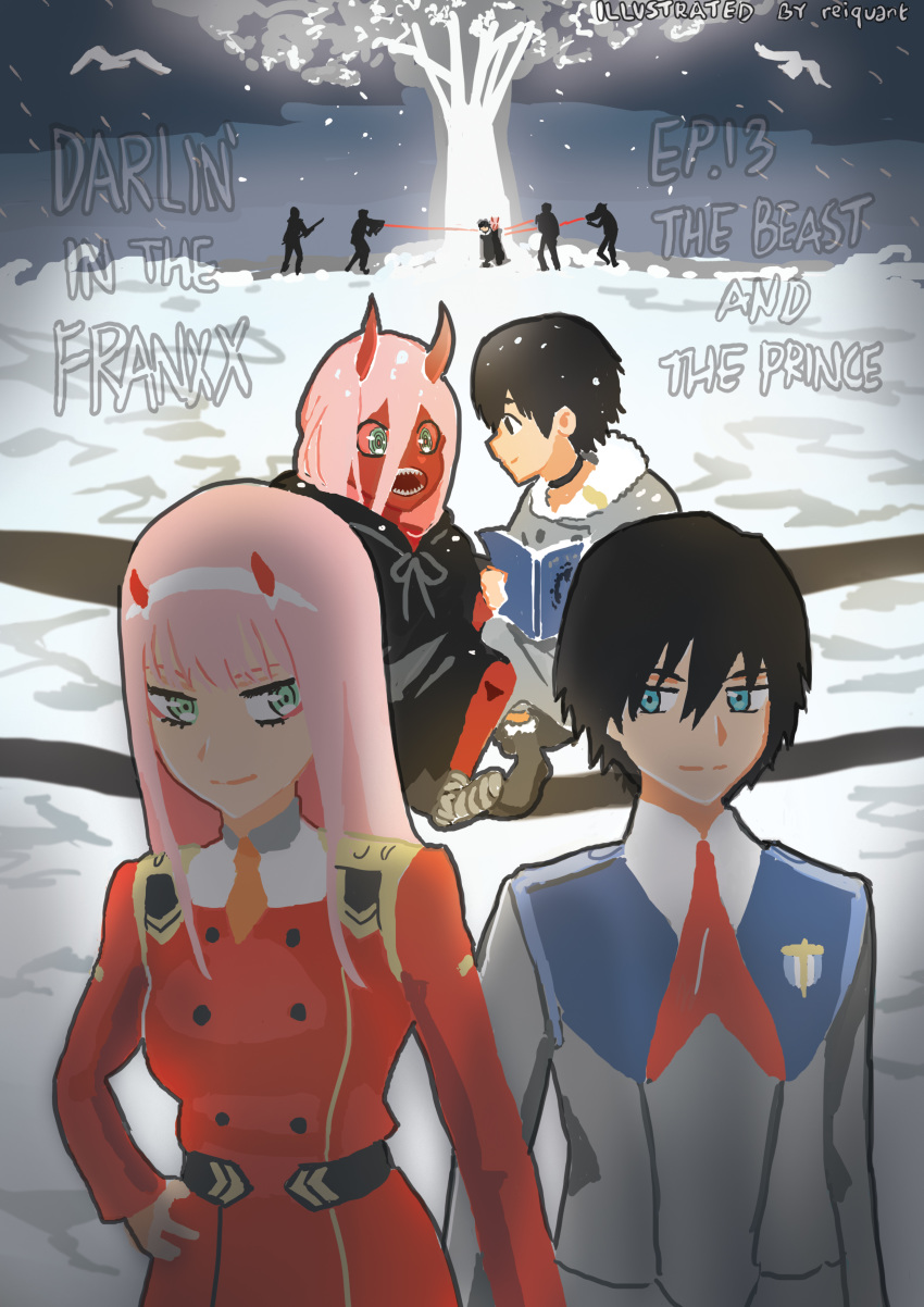 1boy 1girl bandage bangs black_cloak black_hair blue_eyes book boots cloak coat couple darling_in_the_franxx dual_persona english fringe fur_boots fur_trim green_eyes grey_coat hair_ornament hairband hand_on_hip hetero hiro_(darling_in_the_franxx) holding_book hooded_cloak horns long_hair long_sleeves looking_at_another military military_uniform necktie oni_horns orange_neckwear parka pink_hair red_horns red_neckwear red_pupils red_sclera red_skin reiquant short_hair uniform white_hairband winter_clothes winter_coat younger zero_two_(darling_in_the_franxx)