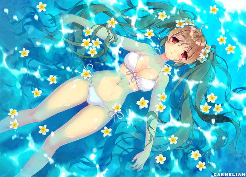 ass_visible_through_thighs bikini blush breasts brown_hair carnelian cleavage eyebrows_visible_through_hair flower from_above front-tie_bikini front-tie_top hair_flower hair_ornament kantai_collection long_hair looking_at_viewer lying medium_breasts murasame_(kantai_collection) navel on_back outdoors outstretched_arms parted_lips partially_submerged plumeria red_eyes side-tie_bikini solo swimsuit twintails very_long_hair water wet