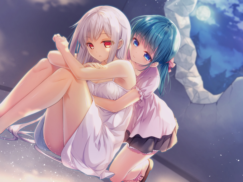 bangs bare_arms bare_shoulders black_skirt blue_eyes blue_hair bow breasts brown_footwear closed_mouth cloud cloudy_sky commentary_request dress dutch_angle eyebrows_visible_through_hair flower full_moon hair_bow highres hug hug_from_behind long_hair medium_breasts moon multiple_girls nametakenoko night night_sky original parted_lips pink_bow pink_flower pink_shirt pleated_skirt puffy_short_sleeves puffy_sleeves red_eyes ruins shirt short_sleeves silver_hair skirt sky sleeveless sleeveless_dress smile tree white_dress yuri