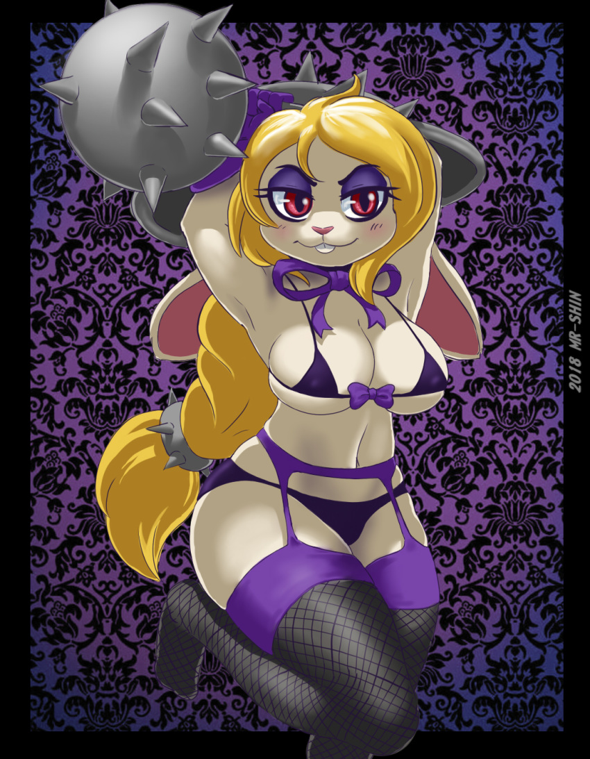 2018 anthro black_border blonde_hair border bra breasts broodals buckteeth clothed clothing digital_media_(artwork) eyelashes eyeshadow female fishnet fishnet_legwear garter_straps hair harriet_(mario) hi_res lagomorph legwear long_hair makeup mammal mario_bros nintendo panties rabbit red_eyes shinsuke short_stack signature smile solo super_mario_odyssey teeth underwear video_games