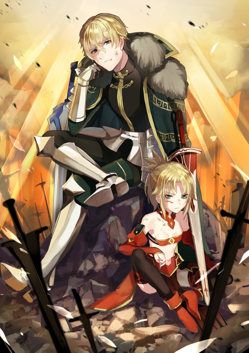 1girl absurdres arm_support armored_boots bangs bare_shoulders black_legwear black_pants black_shirt blonde_hair blurry blurry_foreground boots breasts brother_and_sister bruise cape cleavage closed_mouth commentary_request depth_of_field derori detached_sleeves eyebrows_visible_through_hair fate/apocrypha fate/grand_order fate_(series) fur-trimmed_cape fur_trim gauntlets gawain_(fate/grand_order) green_cape green_eyes hair_between_eyes highres injury long_hair long_sleeves looking_at_viewer mordred_(fate) mordred_(fate)_(all) pants parted_bangs pelvic_curtain planted_sword planted_weapon red_footwear revision shirt siblings sitting sleeves_past_wrists small_breasts sword thighhighs weapon