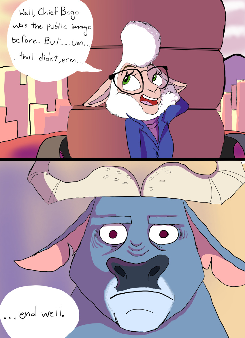 anthro bovine brown_eyes buffalo cape caprine chair chief_bogo city clothing dawn_bellwether disney eyewear female glasses green_eyes hi_res horn male mammal quirky-middle-child sheep window wool zootopia