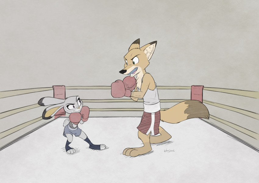 2017 3_toes anothercolouranon anthro barefoot boxing boxing_gloves canine clothing collaboration dipstick_ears dipstick_tail disney drawing-4ever duo female fighting_ring fox fur green_eyes grey_background inner_ear_fluff judy_hopps lagomorph long_ears male mammal markings mouthguard multicolored_tail nick_wilde purple_eyes rabbit simple_background size_difference smile socks_(marking) sport standing toes wendel2 zootopia