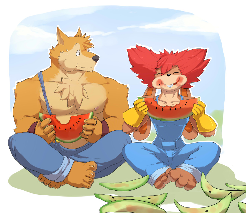 abs anthro biceps canine chest_tuft claws clothing debbita duo female food fruit fur hair hare lagomorph male mammal melon muscular nipples o-ro overalls paws pecs red_hair tuft watermelon wolf wristband wuffle wuffle_(webcomic)