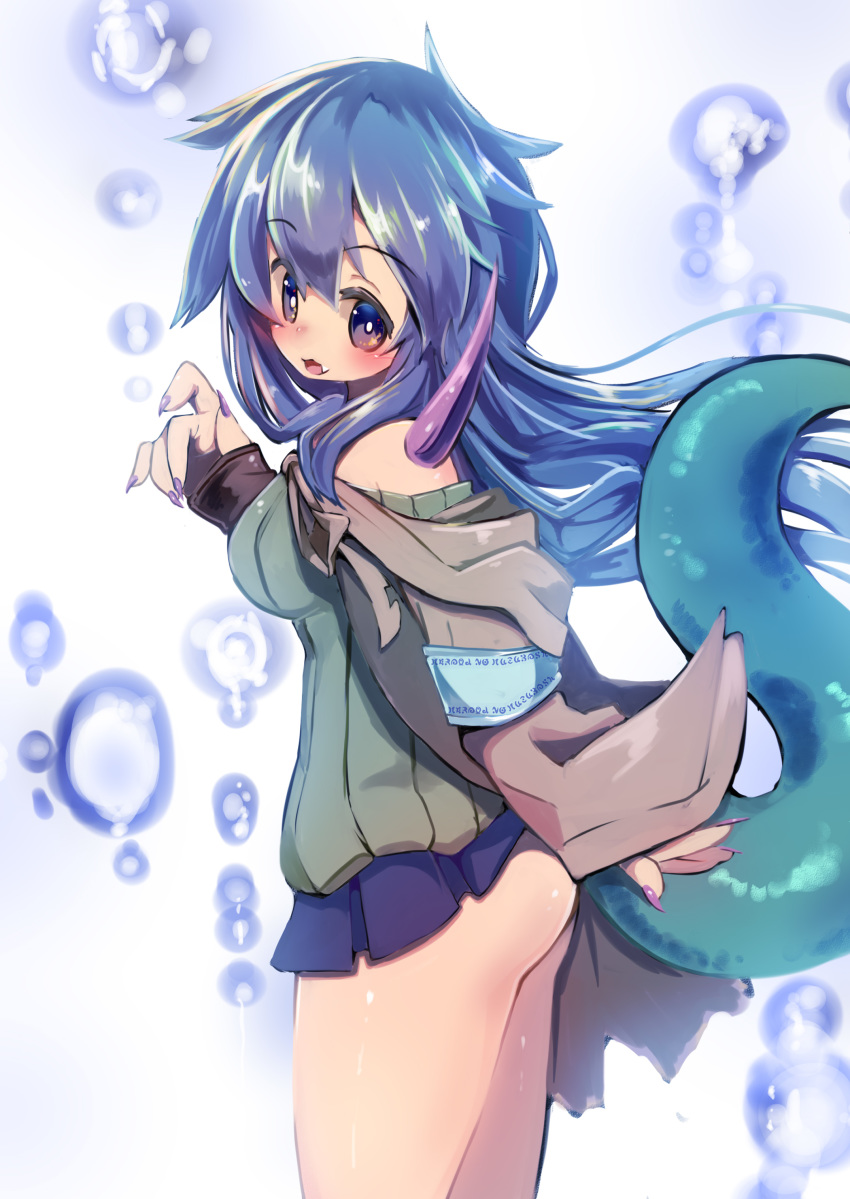 absurdres ass blue_eyes blue_hair breasts claws commentary_request duel_monster eria highres horn jacket large_breasts long_hair looking_at_viewer open_mouth pleated_skirt ribbed_sweater skirt smile solo sweater tail yaibaken yuu-gi-ou