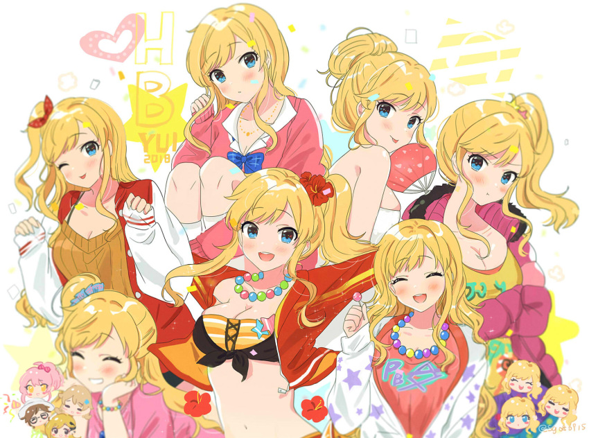 2018 :p :t ;p aikawa_chinatsu bangs bead_bracelet bead_necklace beads bikini blonde_hair blue_bow blue_eyes blue_scrunchie blush bow bracelet breasts candy chibi chin_rest cleavage closed_eyes cropped_jacket crossed_arms eyebrows_visible_through_hair fan flower food fujimoto_rina grin hair_bun hair_flower hair_ornament happy_birthday hibiscus highres idolmaster idolmaster_cinderella_girls idolmaster_cinderella_girls_starlight_stage jacket jewelry jougasaki_mika layered_bikini leg_hug letterman_jacket lollipop long_hair long_sleeves looking_at_viewer medium_breasts morikubo_nono multiple_views naked_towel navel necklace one_eye_closed ootsuki_yui open_clothes open_jacket open_mouth orange_bikini outstretched_arms pink_shirt ponytail pout red_jacket scrunchie shirt side_ponytail sidelocks sleeves_past_wrists smile star star_hair_ornament strapless strapless_bikini striped striped_bikini swept_bangs swimsuit tomato_omurice_melon tongue tongue_out towel wavy_hair