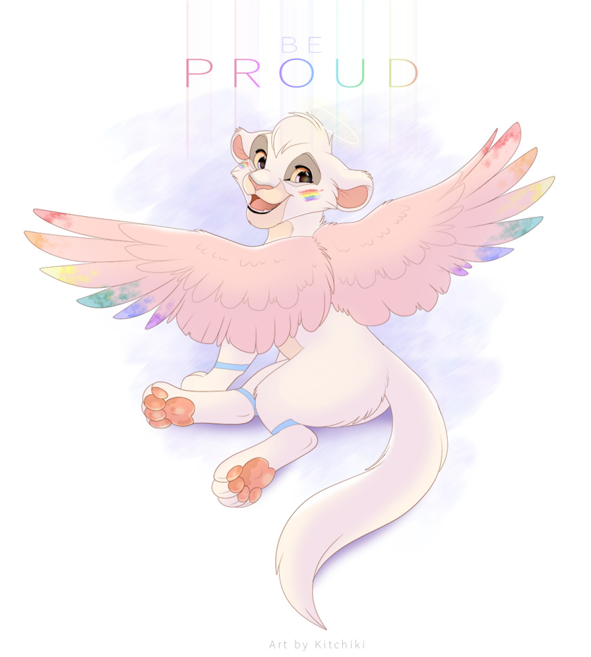 2018 digital_media_(artwork) feathered_wings feathers feline female feral kitchiki kitchiki_(character) lion mammal pink_feathers pink_nose simple_background solo wings