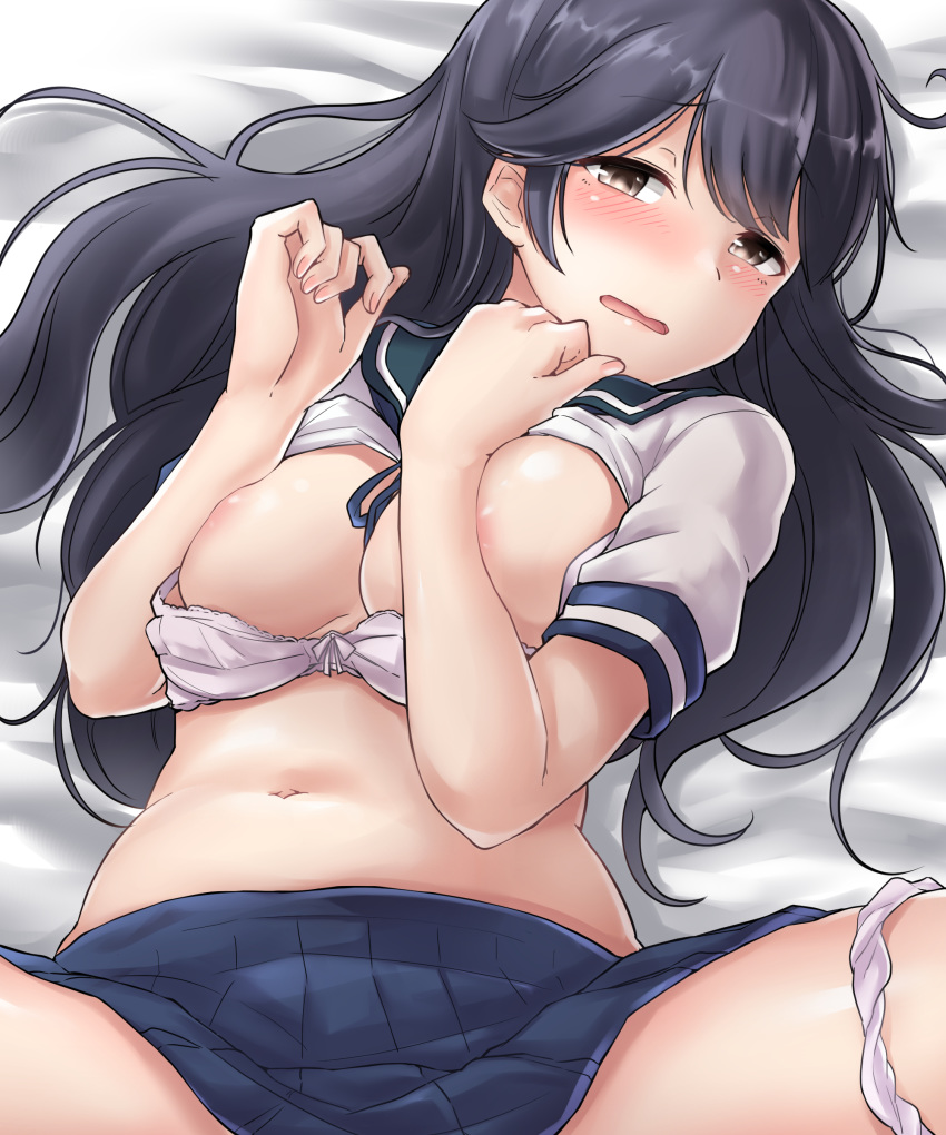 absurdres ahoge areolae bed_sheet blue_sailor_collar blue_skirt blush bra bra_pull breasts commentary_request covering_nipples embarrassed eyebrows_visible_through_hair fingernails grey_hair hair_between_eyes hair_spread_out hands_up highres kantai_collection kiritto large_breasts long_hair looking_at_viewer lying navel on_back panties panties_around_one_leg pink_bra pink_panties pleated_skirt sailor_collar school_uniform serafuku shirt shirt_lift short_sleeves skirt solo spread_legs stomach underwear ushio_(kantai_collection) white_shirt