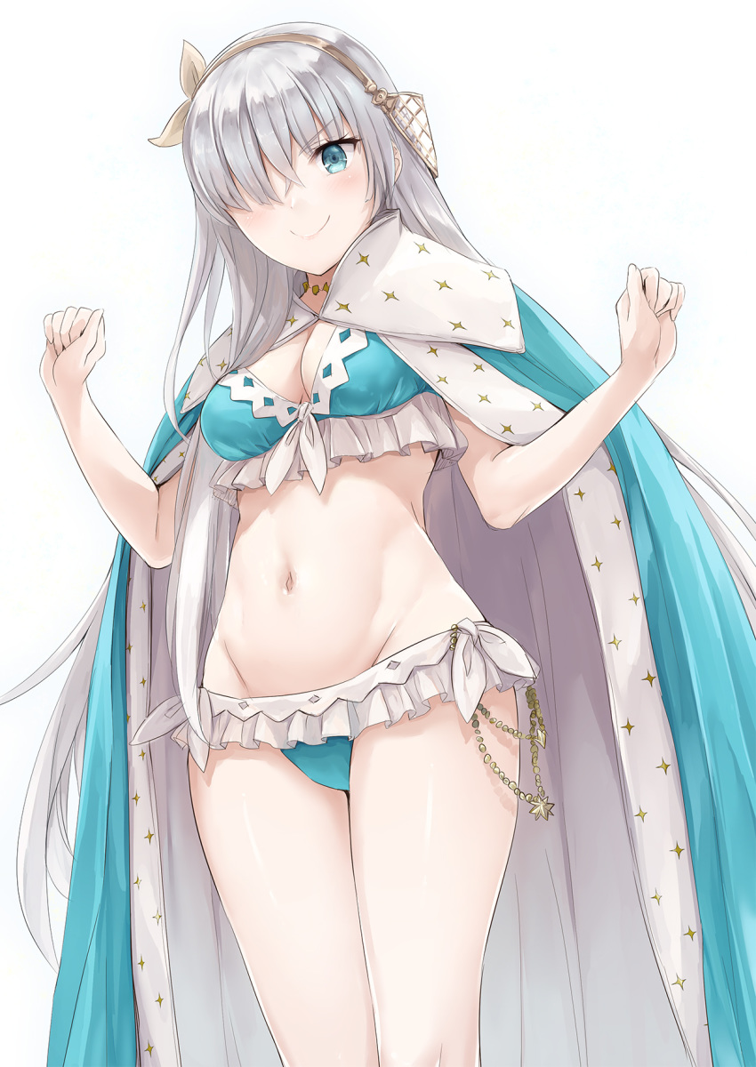 &gt;:) akita_hika alternate_costume anastasia_(fate/grand_order) aqua_bikini aqua_cape bangs bikini blue_cloak blue_eyes breasts brown_hairband cape cleavage clenched_hands cloak commentary_request cowboy_shot eyebrows_visible_through_hair fate/grand_order fate_(series) frilled_bikini frills from_below hair_ornament hair_over_eyes hair_over_one_eye hairband hands_up highres jewelry leaf_hair_ornament legs looking_at_viewer medium_breasts navel necklace pale_skin ribbon royal_robe silver_hair smile smug stomach swimsuit v-shaped_eyebrows yellow_hairband