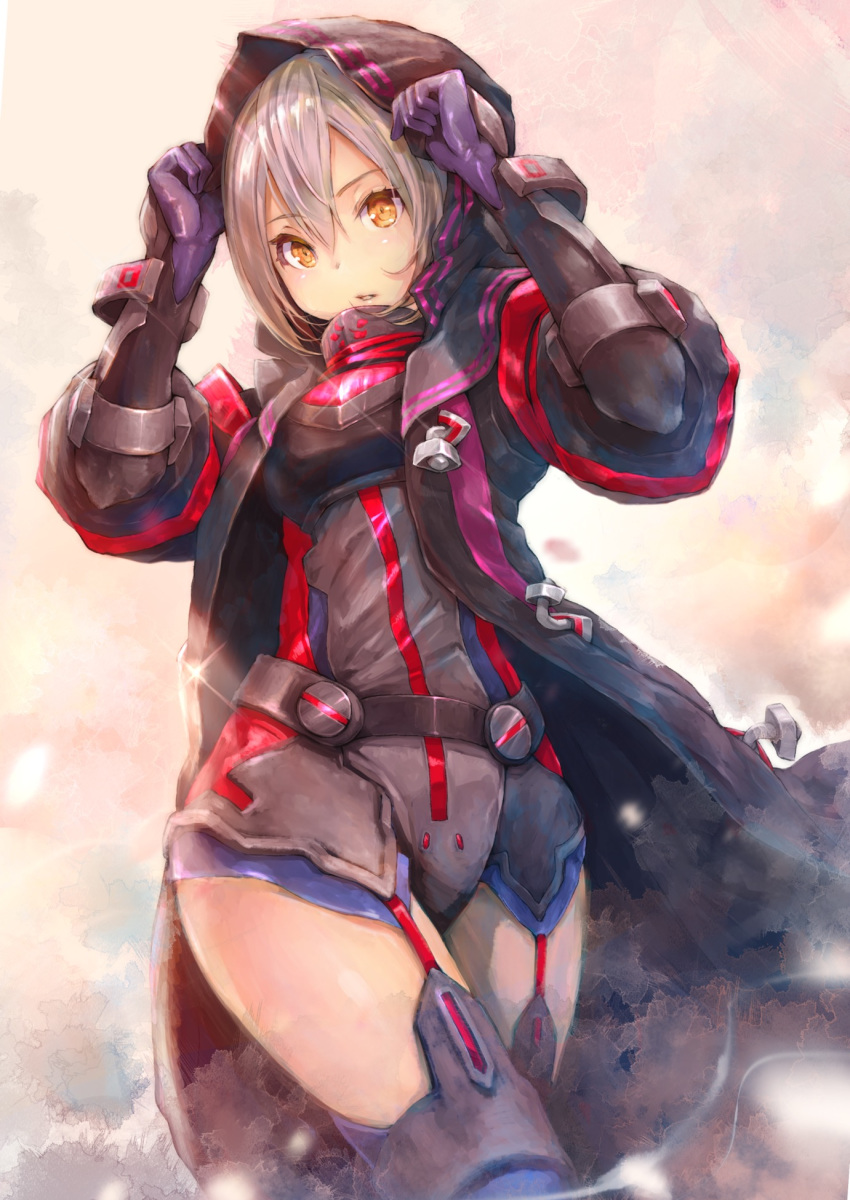 adjusting_hood artoria_pendragon_(all) boots commentary_request cowboy_shot fate/grand_order fate_(series) garter_straps gauntlets glint gloves grey_hair hands_up highres hood hood_up hoshizaki_reita looking_at_viewer mysterious_heroine_x_(alter) orange_eyes parted_lips pixiv_fate/grand_order_contest_2 solo standing thigh_boots thighhighs walking