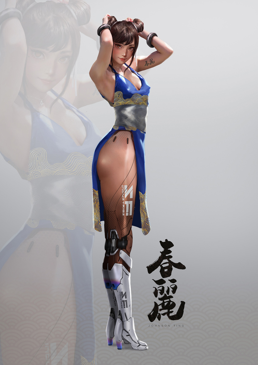 absurdres adapted_costume arm_tattoo blue_dress bracelet breasts brown_eyes brown_hair chun-li commentary covered_nipples cyborg double_bun dress english_commentary full_body high_heels highres jewelry johnson_ting lips long_legs looking_at_viewer md5_mismatch mechanical_legs pelvic_curtain robot_joints sash short_hair side_slit sleeveless sleeveless_dress small_breasts solo strap_gap street_fighter tattoo zoom_layer