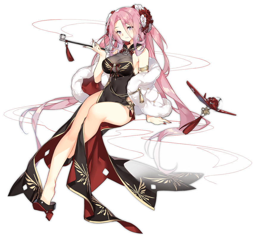 1girl adapted_costume arm_support azur_lane bare_shoulders breasts china_dress chinese_clothes cleavage cleavage_cutout dress gluteal_fold holding holding_pipe large_breasts lexington_(azur_lane) long_hair looking_at_viewer nail_polish official_art pink_hair pipe purple_eyes saru side_slit smile transparent_background