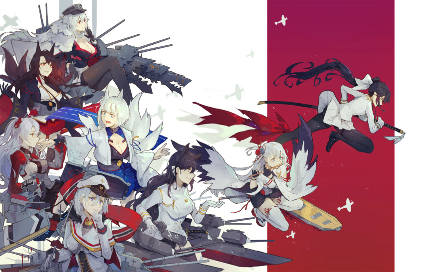 akagi_(azur_lane) animal_ears atago_(azur_lane) azur_lane black_footwear black_gloves black_legwear blue_eyes bow breasts brown_eyes cannon cleavage eye_contact eyeshadow finger_sucking flight_deck flight_deck_scroll fox_ears fox_tail from_side gloves graf_zeppelin_(azur_lane) grey_hair hair_between_eyes hair_bow hand_up hat holding holding_sword holding_weapon jacket japanese_clothes jumping kaga_(azur_lane) kimono kuroduki_(pieat) large_breasts long_hair long_sleeves long_sword looking_at_another machinery makeup military_hat military_jacket multiple_girls multiple_tails obi pantyhose pleated_skirt ponytail prinz_eugen_(azur_lane) profile ready_to_draw red_eyes rigging sash scabbard sheath shoes short_hair shoukaku_(azur_lane) skirt smile sword tail takao_(azur_lane) thighhighs tirpitz_(azur_lane) two_side_up unsheathing very_long_hair weapon white_bow white_gloves white_jacket white_legwear white_skirt wide_sleeves