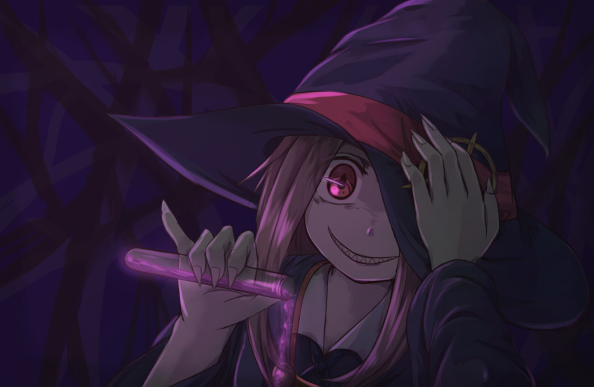 commentary dark fingernails hand_over_eye hat hikari_niji little_witch_academia long_hair looking_at_viewer luna_nova_school_uniform pink_hair potion pouring red_eyes robe sharp_fingernails sharp_teeth smile solo sucy_manbavaran teeth test_tube witch witch_hat