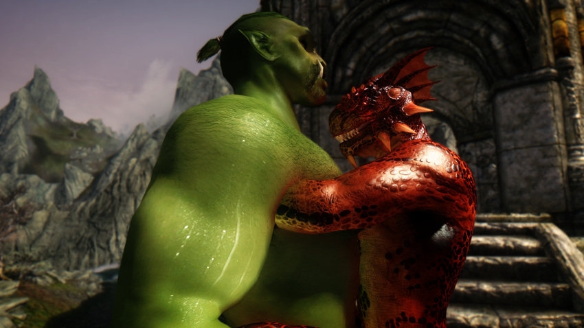 16:9 3d_(artwork) anthro argonian biceps body_hair day digital_media_(artwork) duo green_skin hair hug humanoid larger_male lizard male mmoboys_(artist) muscular orc outside red_scales reptile scales scalie size_difference sky skyrim smaller_male sweat the_elder_scrolls tusks video_games