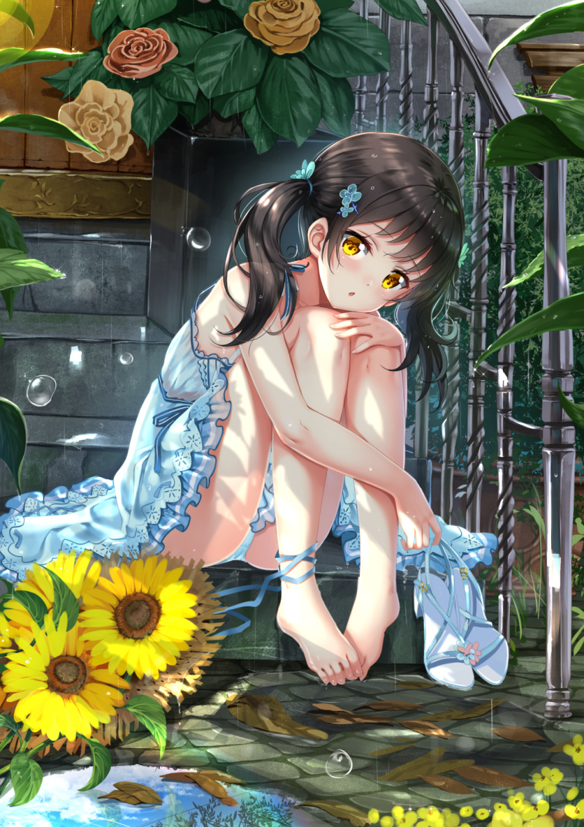 :o ankle_ribbon bangs bare_arms bare_shoulders barefoot black_hair blue_dress blue_panties blue_sky blush brown_flower brown_rose cloud commentary_request dress eyebrows_visible_through_hair flower hair_ornament hand_on_own_knee head_tilt highres holding_footwear long_hair original outdoors panties parted_lips pigeon-toed plant pot potted_plant puddle railing rain reflection ribbon rose sandals_removed sitting sitting_on_stairs sky sleeveless sleeveless_dress solo stairs stone_stairs sunflower swordsouls toenails twintails underwear water wet white_footwear yellow_eyes yellow_flower