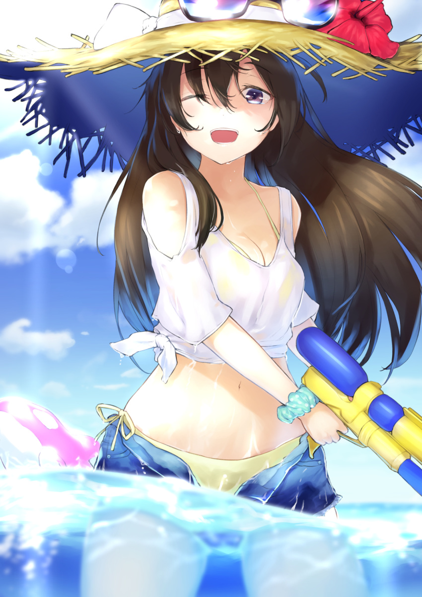 ;d bad_id bad_pixiv_id bikini blue_scrunchie blue_shorts blue_sky breasts brown_hair cleavage cloud cutoffs dabuki day denim denim_shorts floating_hair gun hat hat_ribbon highres holding holding_gun holding_weapon long_hair medium_breasts midriff navel one_eye_closed open_clothes open_mouth open_shorts original outdoors partially_submerged purple_eyes ribbon scrunchie shirt short_shorts shorts side-tie_bikini sky smile solo standing stomach straw_hat swimsuit tied_shirt torn_clothes torn_shorts wading water_gun weapon wet wet_clothes wet_shirt wet_shorts white_ribbon white_shirt wrist_scrunchie yellow_bikini yellow_hat