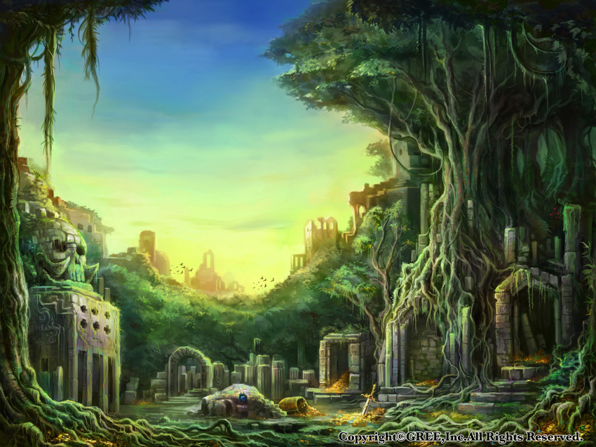 bird blue_sky chest city commentary_request forest gold highres nature no_humans official_art overgrown pillar planted_sword planted_weapon roots ruins scenery seisen_cerberus shrine sky stairs sword tree watermark weapon z.dk