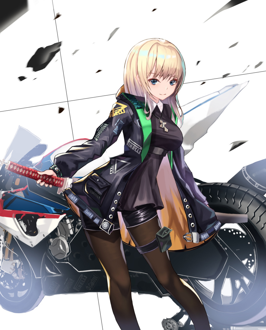 absurdres bangs black_legwear black_shirt black_shorts blonde_hair blue_eyes breasts cup6542 eyebrows_visible_through_hair ground_vehicle hair_between_eyes highres holding holding_sword holding_weapon katana leaning_to_the_side long_hair medium_breasts motor_vehicle motorcycle original pantyhose pantyhose_under_shorts shirt short_shorts shorts smile solo standing sword weapon