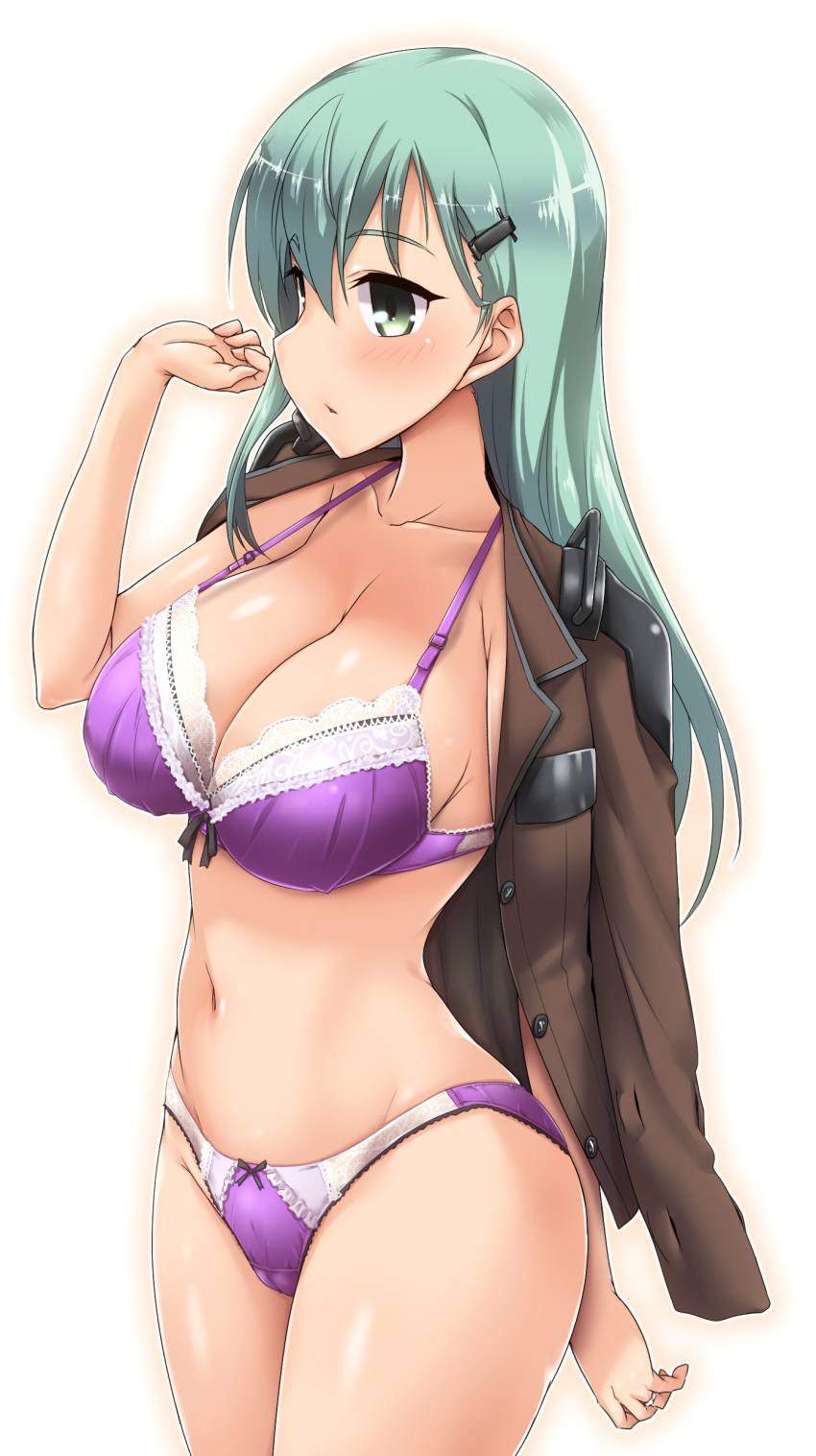 absurdres aqua_hair arm_behind_back bra breasts cleavage collarbone commentary_request cowboy_shot eyebrows_visible_through_hair glint green_eyes hair_between_eyes hair_ornament hairclip highres jacket_on_shoulders jewelry kantai_collection lace lace-trimmed_bra large_breasts long_hair navel panties parted_lips purple_bra purple_panties ring simple_background solo strap_gap suzuya_(kantai_collection) underwear underwear_only wedding_band white_background yoshi_tama